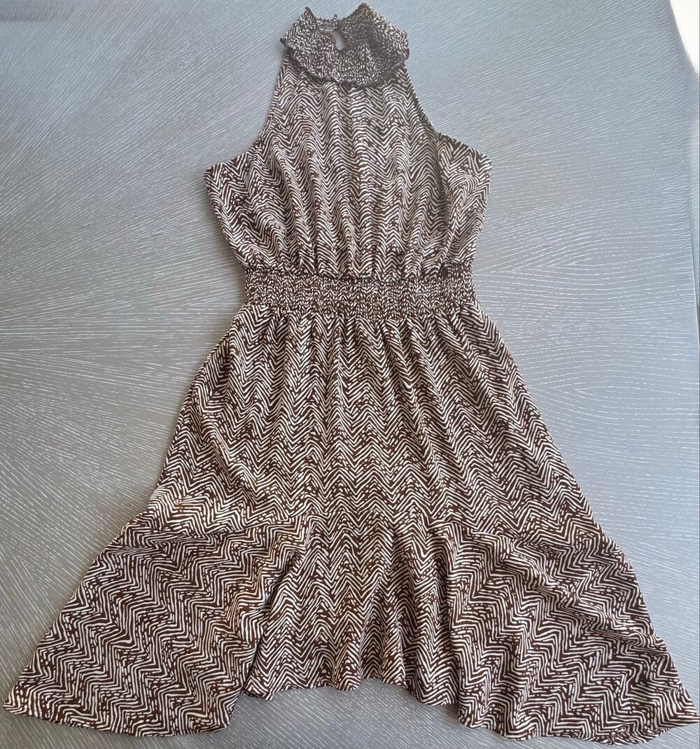 Maurices S Smocked Waist Mock Neck Halter Mini Dress Brown ZigZag Print